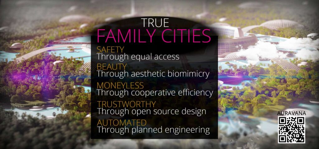 An integrated city system with the phrase true family cities and the keywords safety, beauty, moneyless, trustworthy, and automated