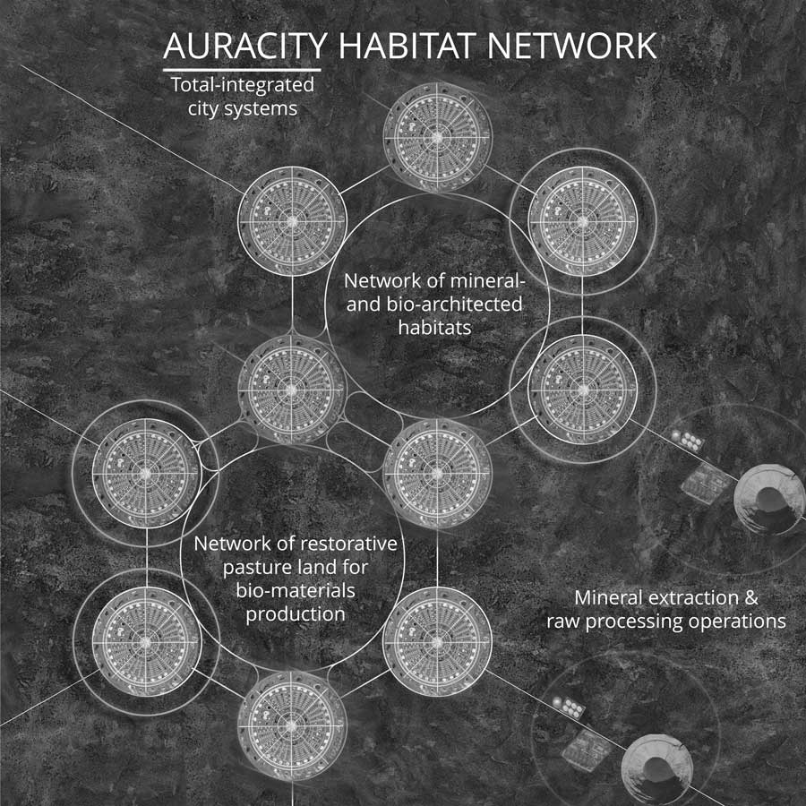 AuraCity Network of Bio-Architectural and Mineral-Architectural Constructions showing production
